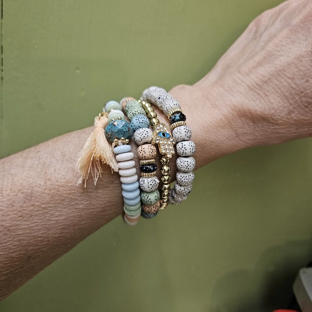 Hamsa Hand Evil Eye Layered Beaded Bracelet Pastel Tassel - Picture 5 of 8